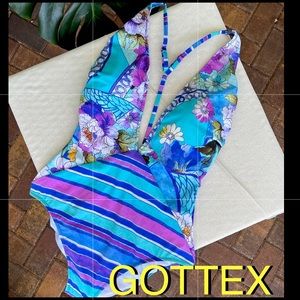 GOTTEX PLUNGED one piece floral T-back swimsuit size 12